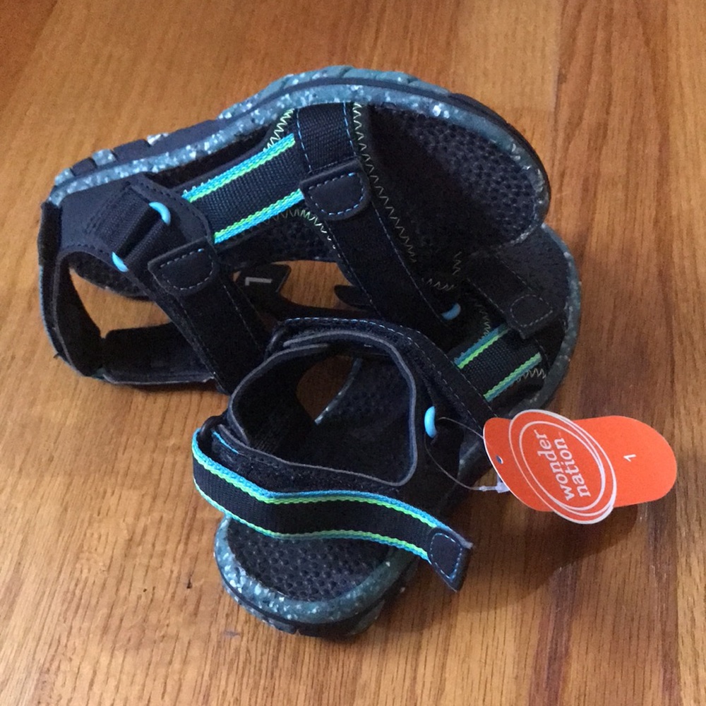 Wonder Nation Size 1 Kids Black/Green/Blue Velcro Sandles